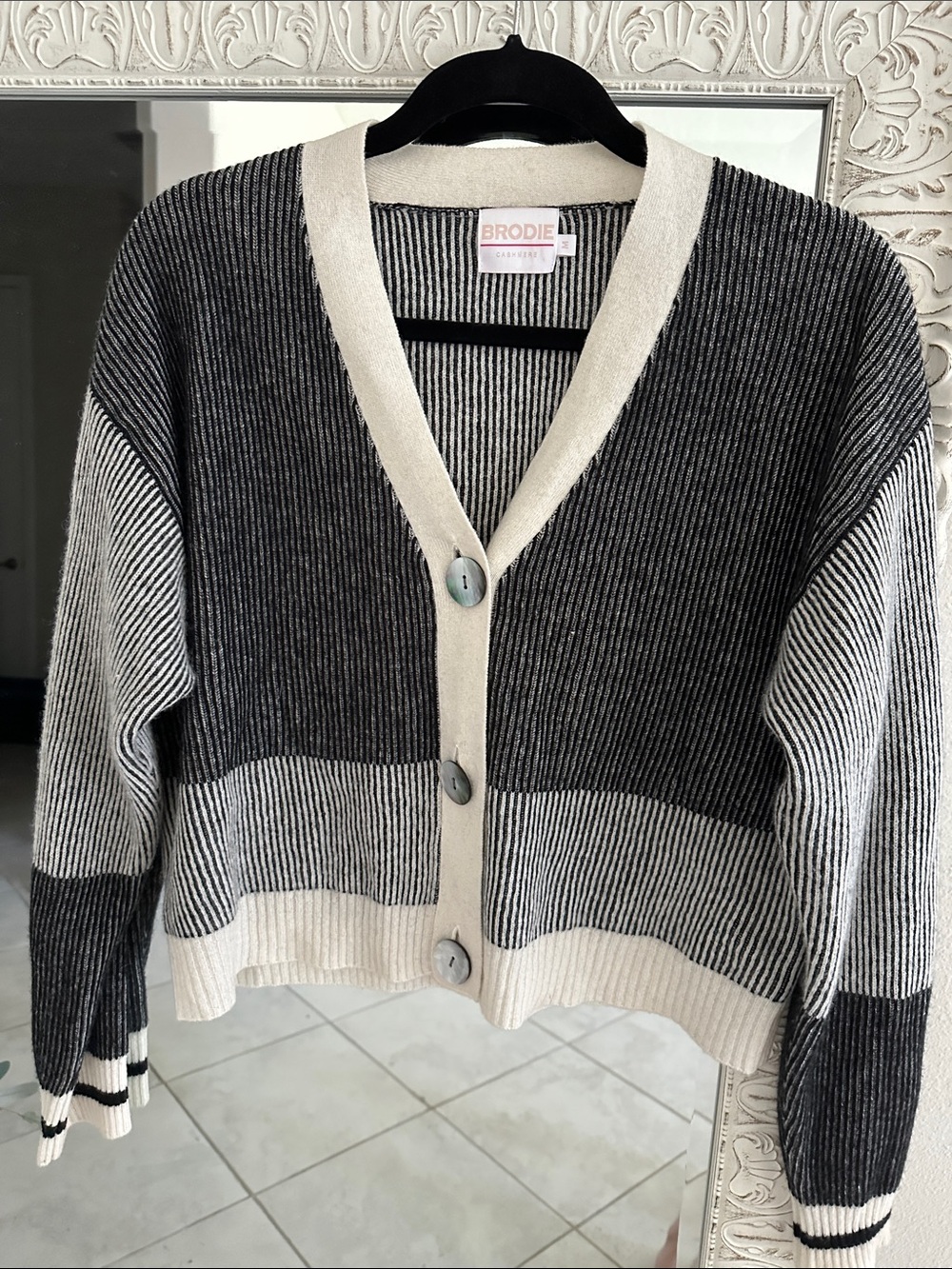 Brodie Cashmere Colorblock Black & Cream Striped Ribbed Button-Front Cardigan